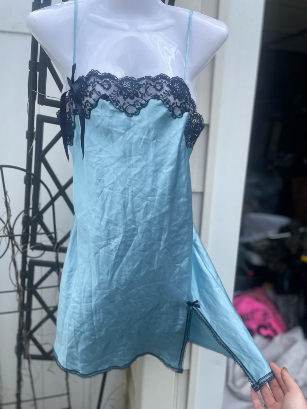 Vintage Victoria’s Secret y2k light Blue Lace-Trim Slip Dress rhinestone